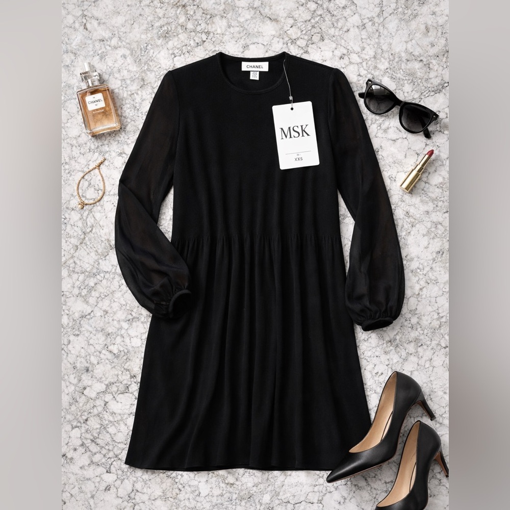 MSK Black Released Pleat Long Sleeve Shift Dress XXS NWT Elegant Classic